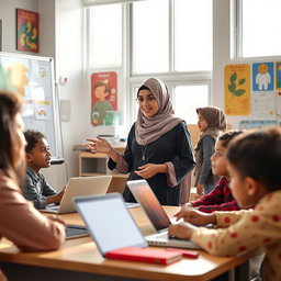 A scene depicting a female Muslim teacher in a classroom setting, teaching students with modern technology in the 21st century