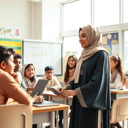A scene depicting a female Muslim teacher in a classroom setting, teaching students with modern technology in the 21st century