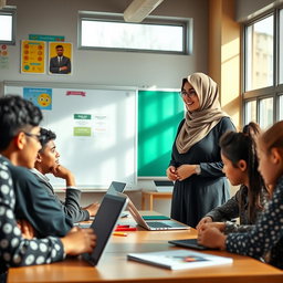A scene depicting a female Muslim teacher in a classroom setting, teaching students with modern technology in the 21st century
