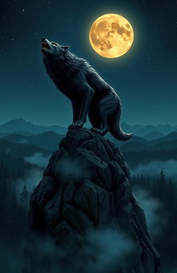 A fierce werewolf howling at a full moon, standing atop a rocky cliff