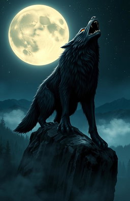 A fierce werewolf howling at a full moon, standing atop a rocky cliff