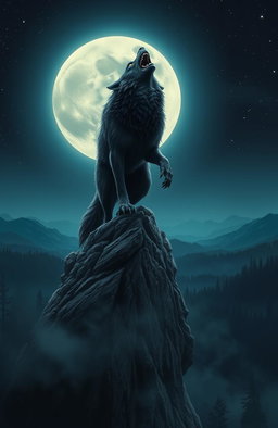 A fierce werewolf howling at a full moon, standing atop a rocky cliff