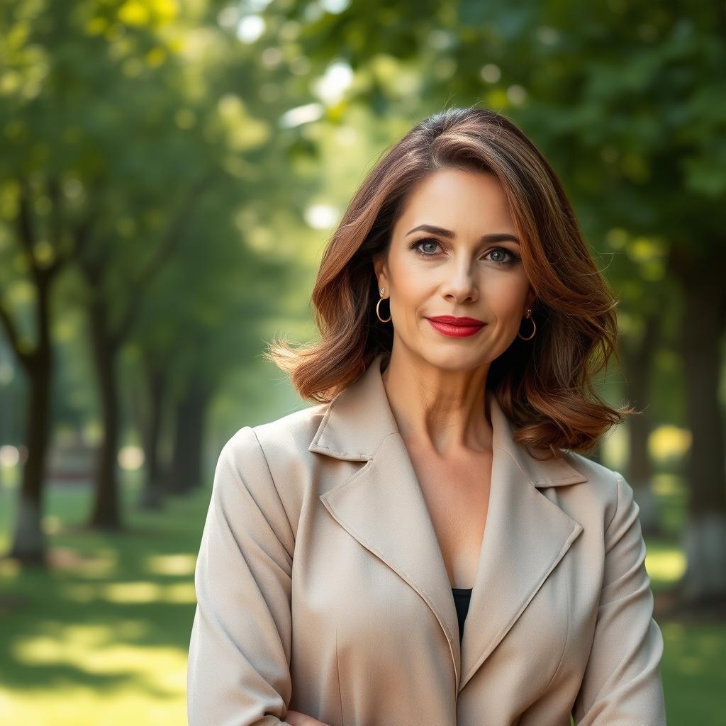 A stylish Russian woman aged 40-45, exuding confidence with a fashionable hairstyle that enhances her features