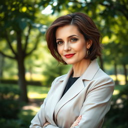 A stylish Russian woman aged 40-45, exuding confidence with a fashionable hairstyle that enhances her features