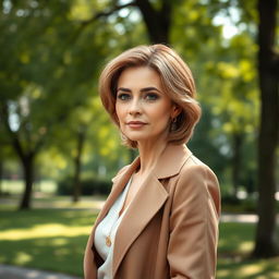 A stylish Russian woman aged 40-45, exuding confidence with a fashionable hairstyle that enhances her features