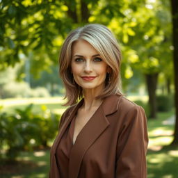 A stylish Russian woman aged 40-45, exuding confidence with a fashionable hairstyle that enhances her features