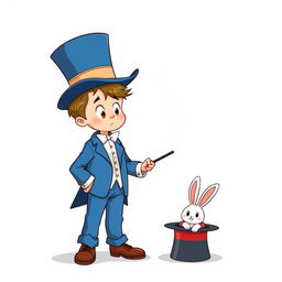 A whimsical and cute cartoon poster featuring a non-realistic character: a ten-year-old boy dressed in a magician's blue tuxedo that is several sizes too big