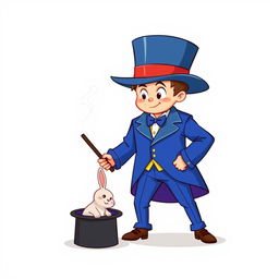 A whimsical and cute cartoon poster featuring a non-realistic character: a ten-year-old boy dressed in a magician's blue tuxedo that is several sizes too big