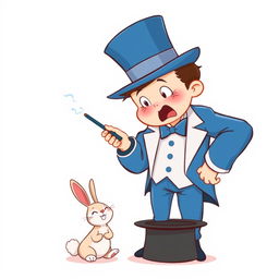 A whimsical and cute cartoon poster featuring a non-realistic character: a ten-year-old boy dressed in a magician's blue tuxedo that is several sizes too big