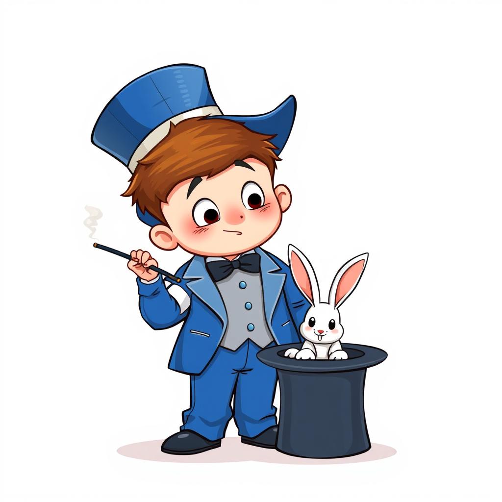 A whimsical and cute cartoon poster featuring a non-realistic character: a ten-year-old boy dressed in a magician's blue tuxedo that is several sizes too big