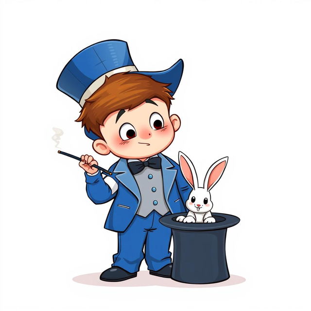 A whimsical and cute cartoon poster featuring a non-realistic character: a ten-year-old boy dressed in a magician's blue tuxedo that is several sizes too big