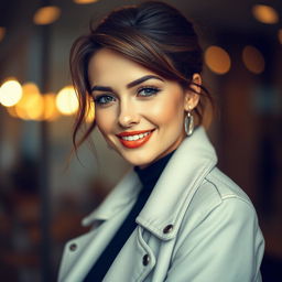 A beautiful Russian woman aged 30-35, exuding elegance and confidence