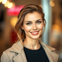 A beautiful Russian woman aged 30-35, exuding elegance and confidence
