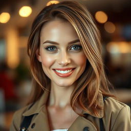 A beautiful Russian woman aged 30-35, exuding elegance and confidence