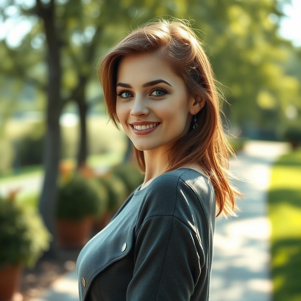 A beautiful Russian woman aged 30-35, showcasing her elegant beauty and confidence