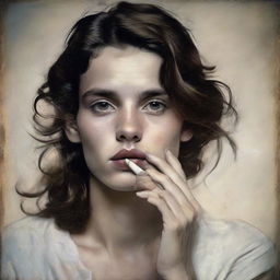 Transform the young man's portrait into an image of a young woman delicately holding a cigarette, her eyes mirroring the same depth and award-winning emotion, her femininity adding a new dimension to the story.