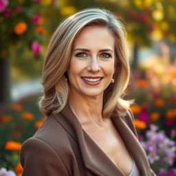 A beautiful Russian woman aged 40-45, exuding confidence and grace