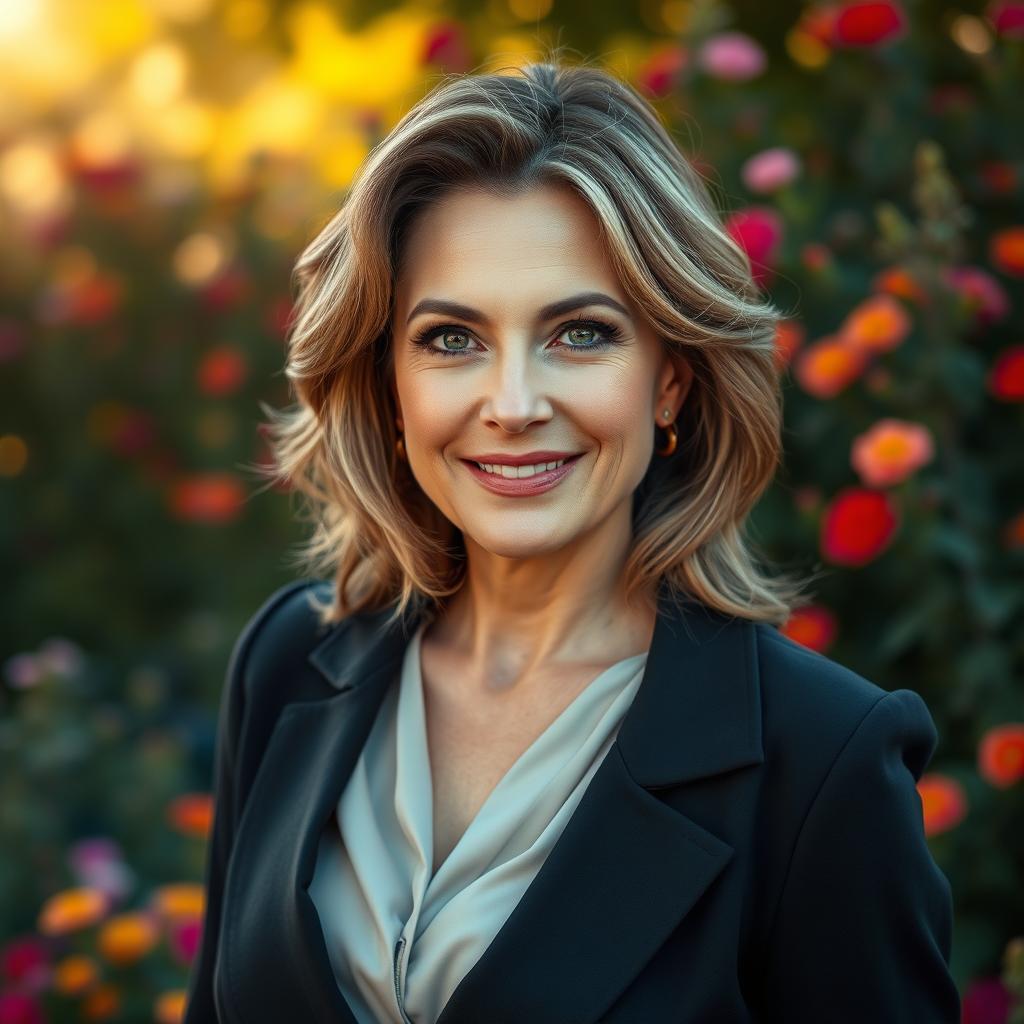 A beautiful Russian woman aged 40-45, exuding confidence and grace