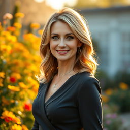A beautiful Russian woman aged 40-45, exuding confidence and grace