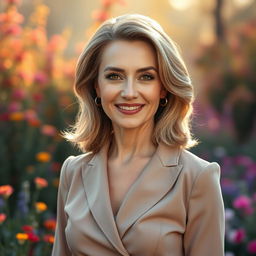 A beautiful Russian woman aged 40-45, exuding confidence and grace