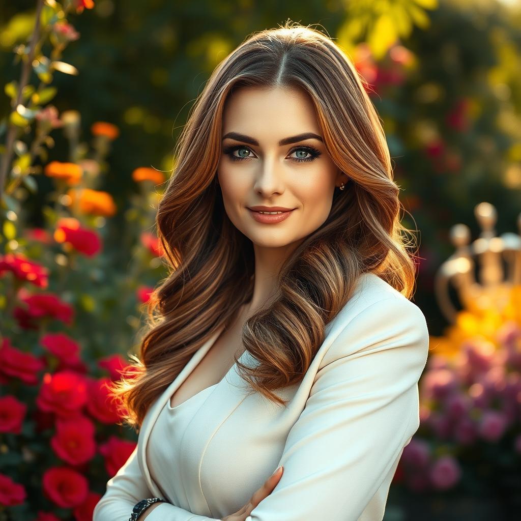 A beautiful Russian woman aged 40-45, exuding charm and elegance