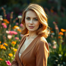 A beautiful Russian woman aged 40-45, exuding charm and elegance