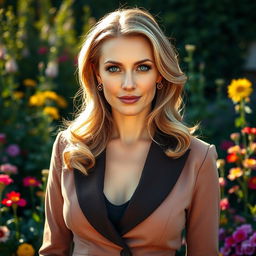 A beautiful Russian woman aged 40-45, exuding charm and elegance