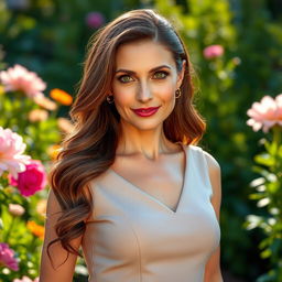 A stunning Russian woman aged 40-45, radiating elegance and beauty