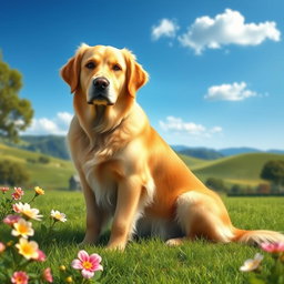 A realistic digital image of an elegant golden retriever sitting majestically in a lush green park, beautifully illuminated by soft morning sunlight