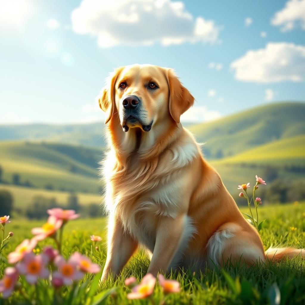 A realistic digital image of an elegant golden retriever sitting majestically in a lush green park, beautifully illuminated by soft morning sunlight