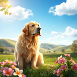 A realistic digital image of an elegant golden retriever sitting majestically in a lush green park, beautifully illuminated by soft morning sunlight