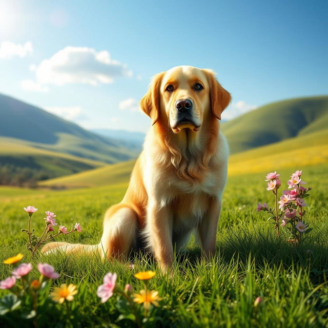A realistic digital image of an elegant golden retriever sitting majestically in a lush green park, beautifully illuminated by soft morning sunlight