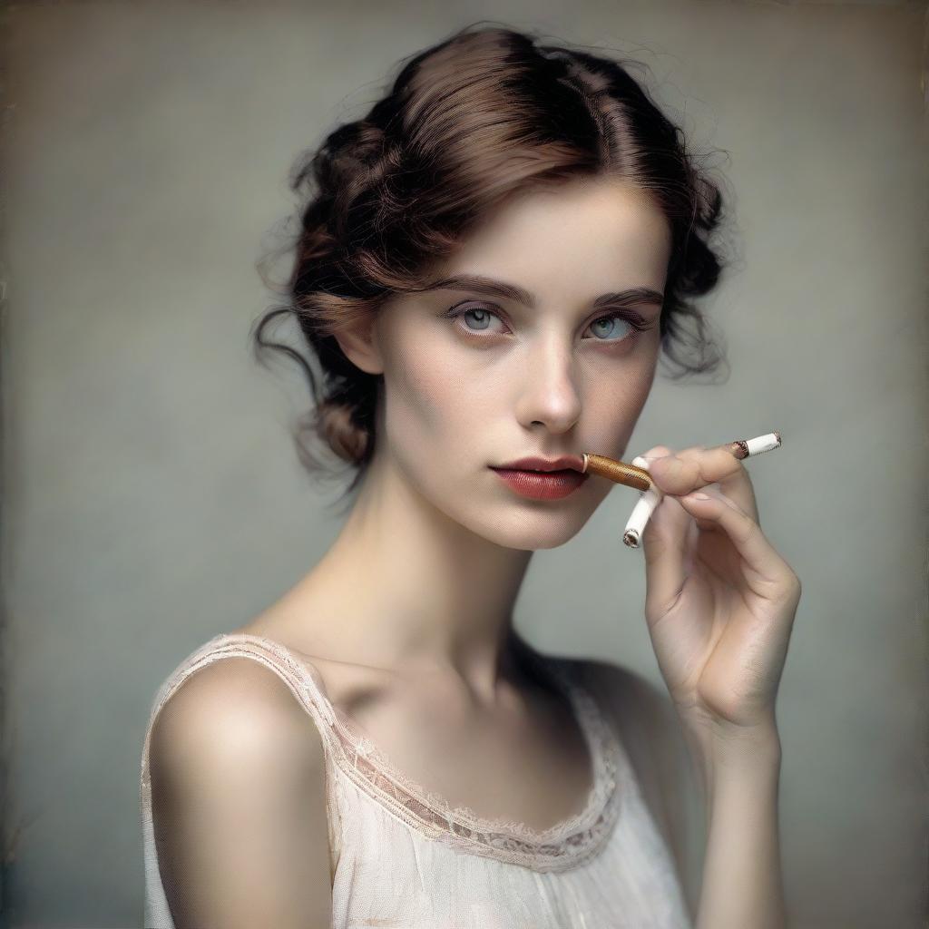 Transform the young man's portrait into an image of a young woman delicately holding a cigarette, her eyes mirroring the same depth and award-winning emotion, her femininity adding a new dimension to the story.