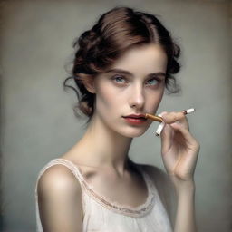 Transform the young man's portrait into an image of a young woman delicately holding a cigarette, her eyes mirroring the same depth and award-winning emotion, her femininity adding a new dimension to the story.