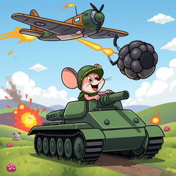 A humorous scene featuring a cartoon mouse driving a tank, joyfully navigating through a whimsical battlefield