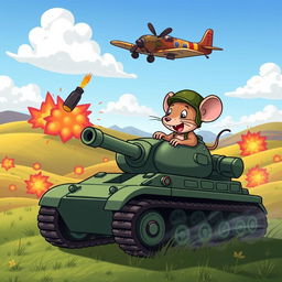 A humorous scene featuring a cartoon mouse driving a tank, joyfully navigating through a whimsical battlefield
