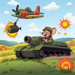 A humorous scene featuring a cartoon mouse driving a tank, joyfully navigating through a whimsical battlefield