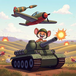 A humorous scene featuring a cartoon mouse driving a tank, joyfully navigating through a whimsical battlefield