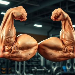 An impressive display of muscular arms, featuring well-defined and larger than life biceps flexing powerfully