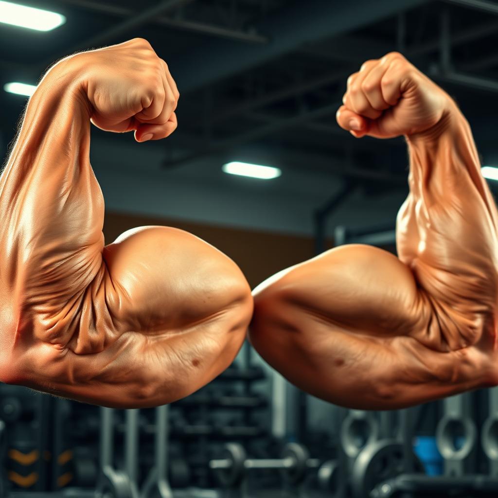 An impressive display of muscular arms, featuring well-defined and larger than life biceps flexing powerfully