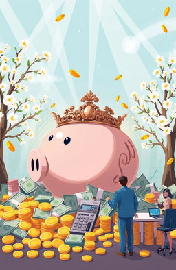An illustrative representation of the concept of saving money, featuring a large, ornate piggy bank surrounded by various denominations of currency, gold coins cascading around it, and a backdrop of blossoming money trees