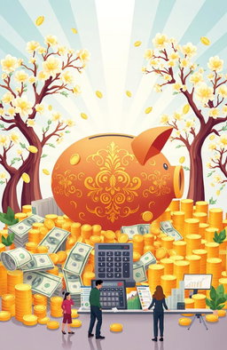 An illustrative representation of the concept of saving money, featuring a large, ornate piggy bank surrounded by various denominations of currency, gold coins cascading around it, and a backdrop of blossoming money trees