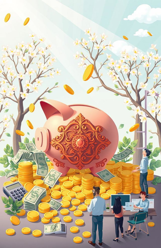 An illustrative representation of the concept of saving money, featuring a large, ornate piggy bank surrounded by various denominations of currency, gold coins cascading around it, and a backdrop of blossoming money trees