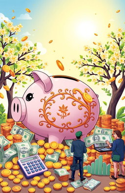 An illustrative representation of the concept of saving money, featuring a large, ornate piggy bank surrounded by various denominations of currency, gold coins cascading around it, and a backdrop of blossoming money trees
