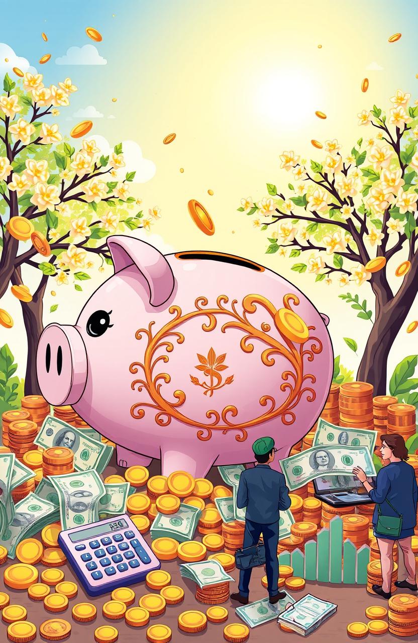 An illustrative representation of the concept of saving money, featuring a large, ornate piggy bank surrounded by various denominations of currency, gold coins cascading around it, and a backdrop of blossoming money trees