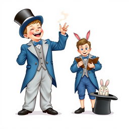 A whimsical and cute comedic poster on a white background featuring two very realistic five-year-old boys dressed in oversized blue magician's tuxedos that are hilariously too big for them, with baggy trousers, tails, and sleeves that drag on the ground