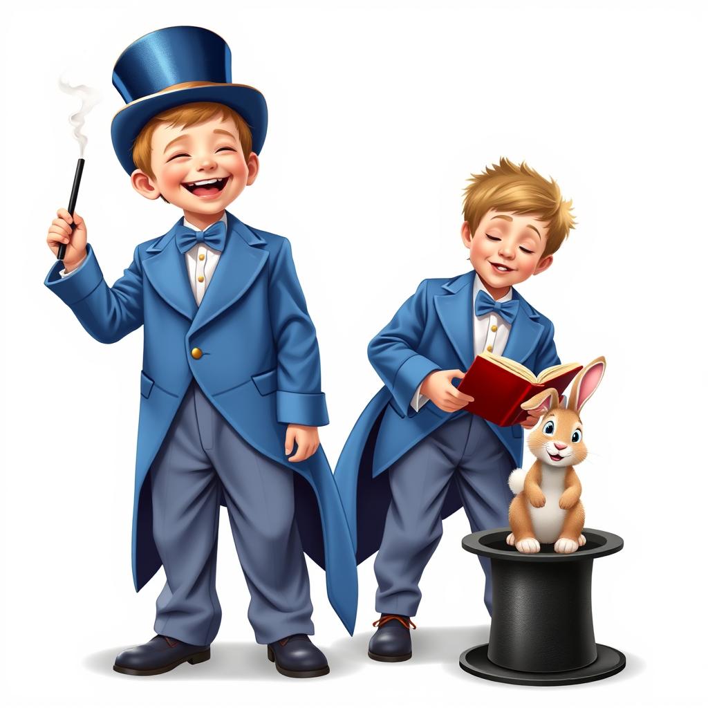 A whimsical and cute comedic poster on a white background featuring two very realistic five-year-old boys dressed in oversized blue magician's tuxedos that are hilariously too big for them, with baggy trousers, tails, and sleeves that drag on the ground