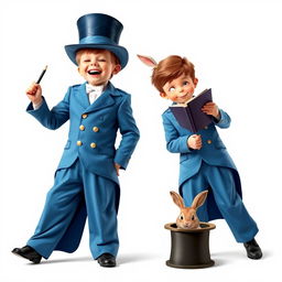 A whimsical and cute comedic poster on a white background featuring two very realistic five-year-old boys dressed in oversized blue magician's tuxedos that are hilariously too big for them, with baggy trousers, tails, and sleeves that drag on the ground