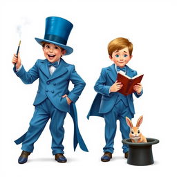 A whimsical and cute comedic poster on a white background featuring two very realistic five-year-old boys dressed in oversized blue magician's tuxedos that are hilariously too big for them, with baggy trousers, tails, and sleeves that drag on the ground