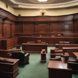 A grand courtroom filled with mahogany furniture, capturing the solemnity of the place with various people - judges, lawyers, and defendants - engaged in a case proceeding.